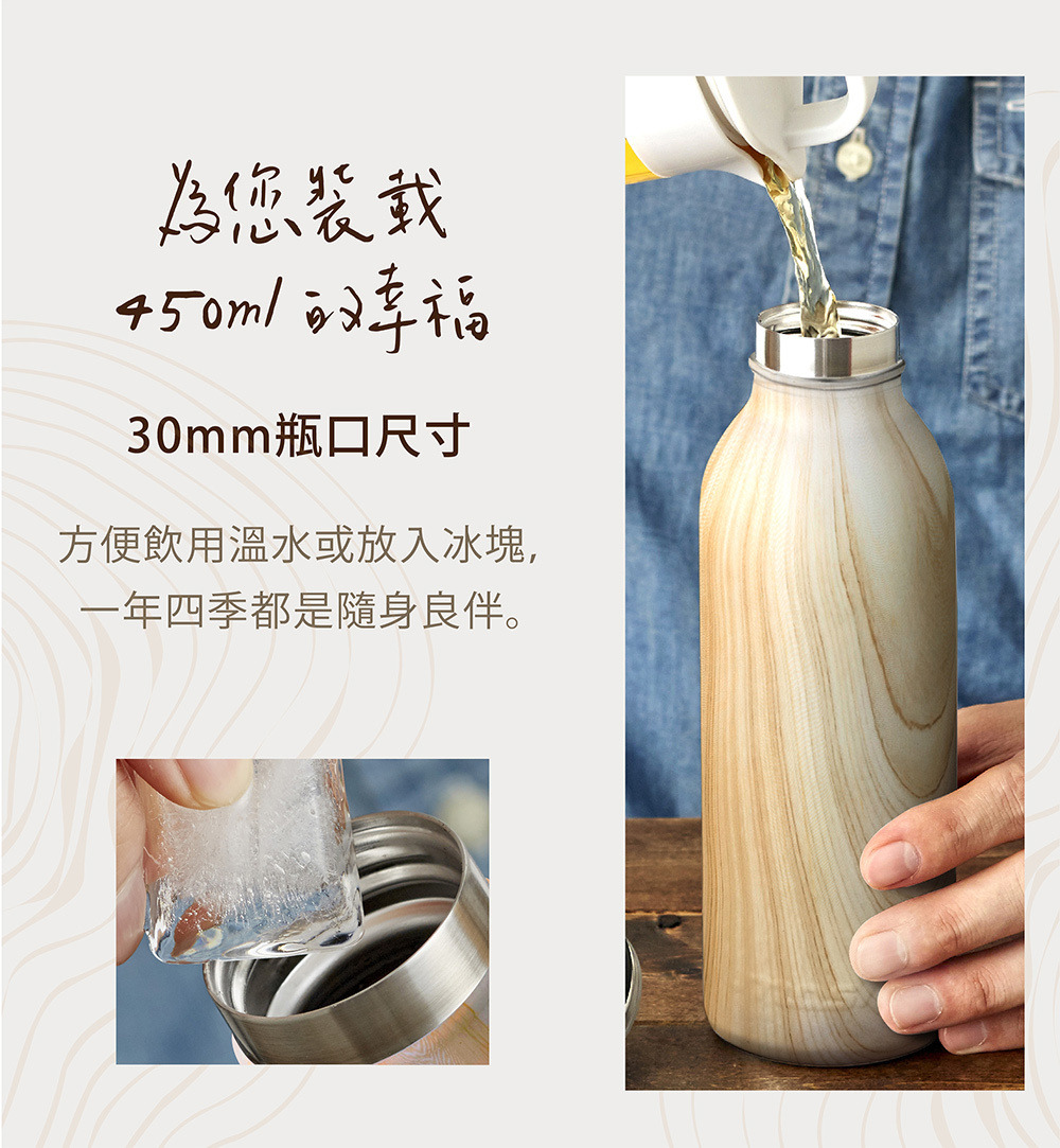 日本MOSH! 木紋牛奶瓶保溫瓶(450ml) 30mm瓶口尺寸 方便飲用放入冰塊，一年四季都是隨身良伴
