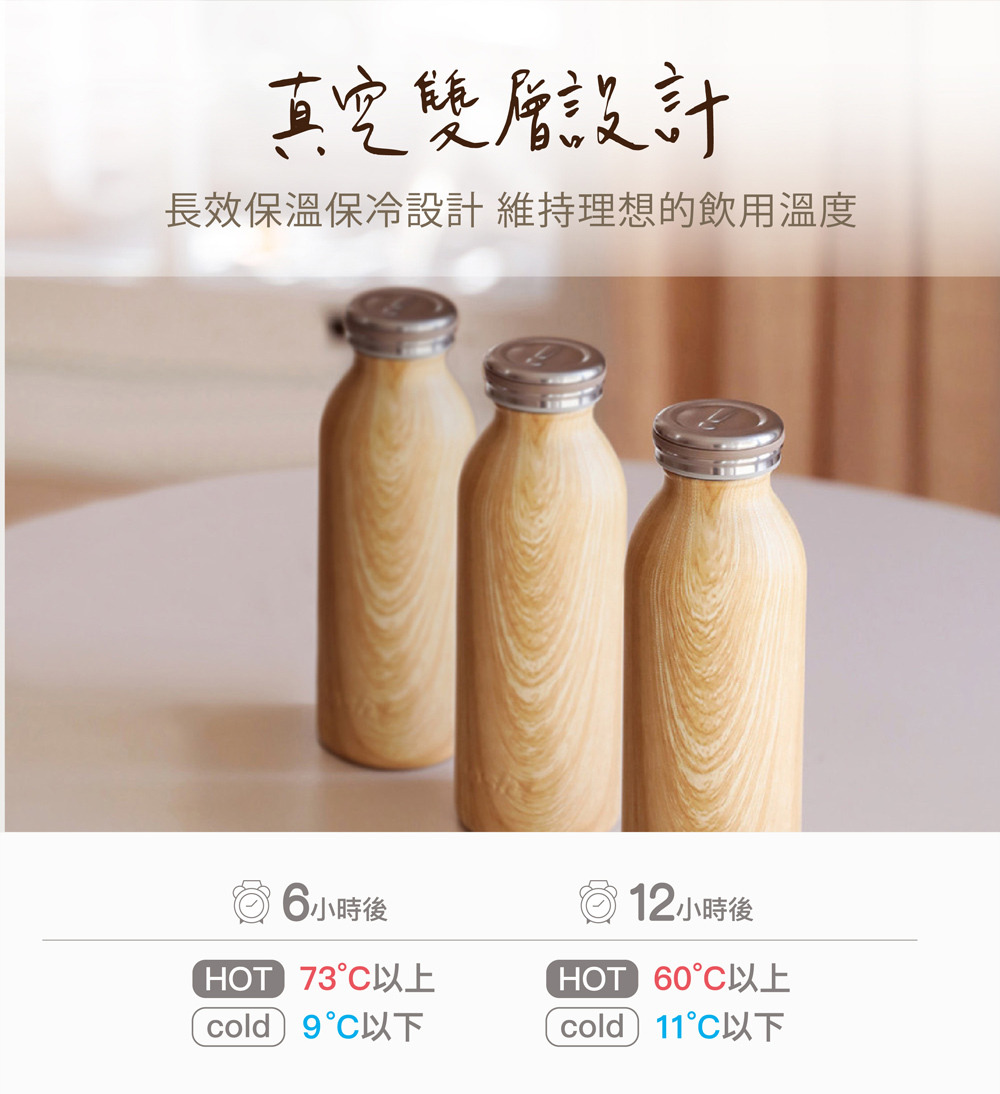 日本MOSH! 木紋牛奶瓶保溫瓶真空雙層設計，保溫保冷效力絕佳